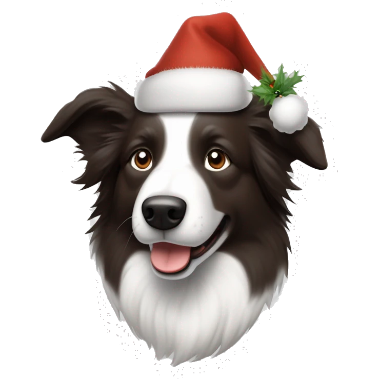 Bordercollie mit braunen und grauen stellen im weißen Gesicht. Spitze Ohren Ohren weis gesicht unterer Teil braun grau. Hat weihnachtsmütze auf  emoji