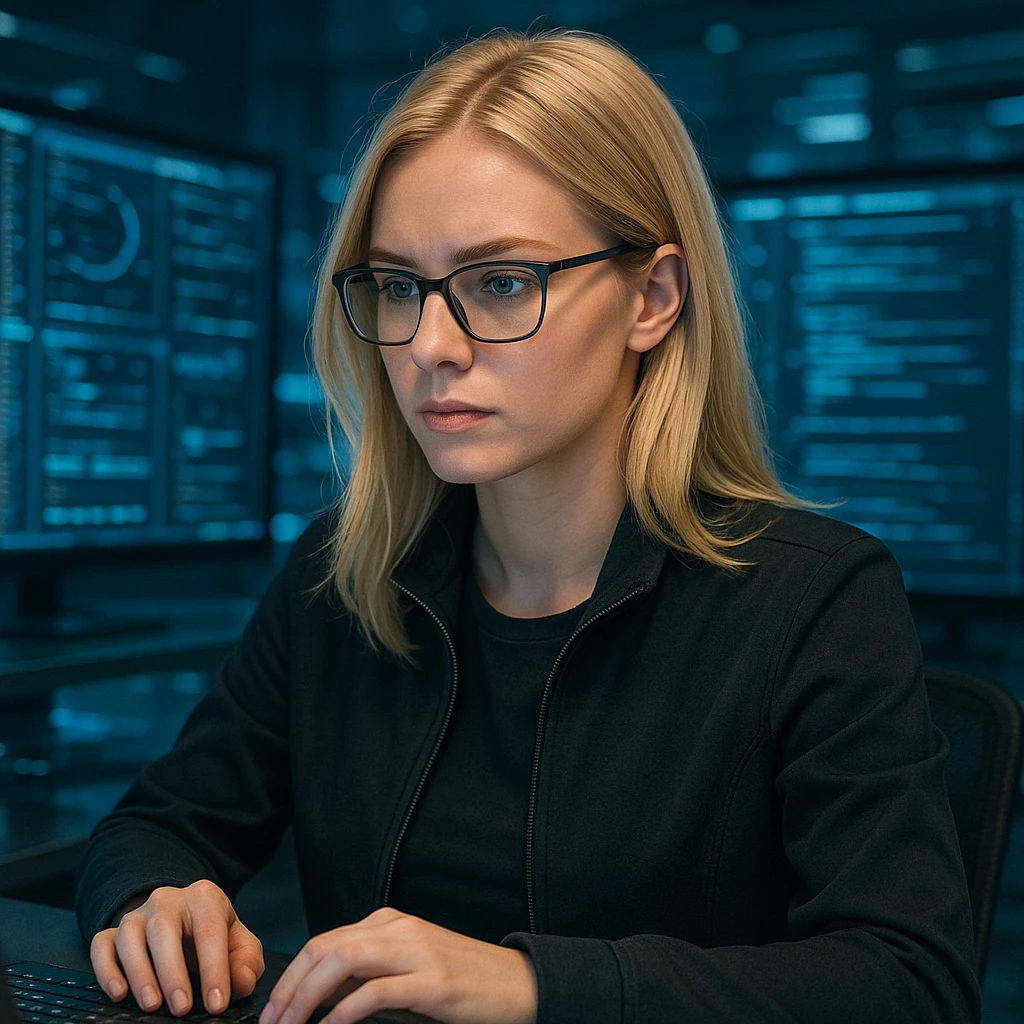 blonde girl working in IT, modern tech style, professional, focused, digital environment emoji