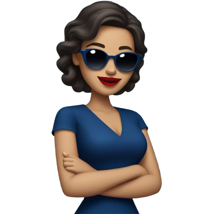 
brunette in dark blue sunglasses, with red lips and in a dark blue dress shows a thumbs up emoji