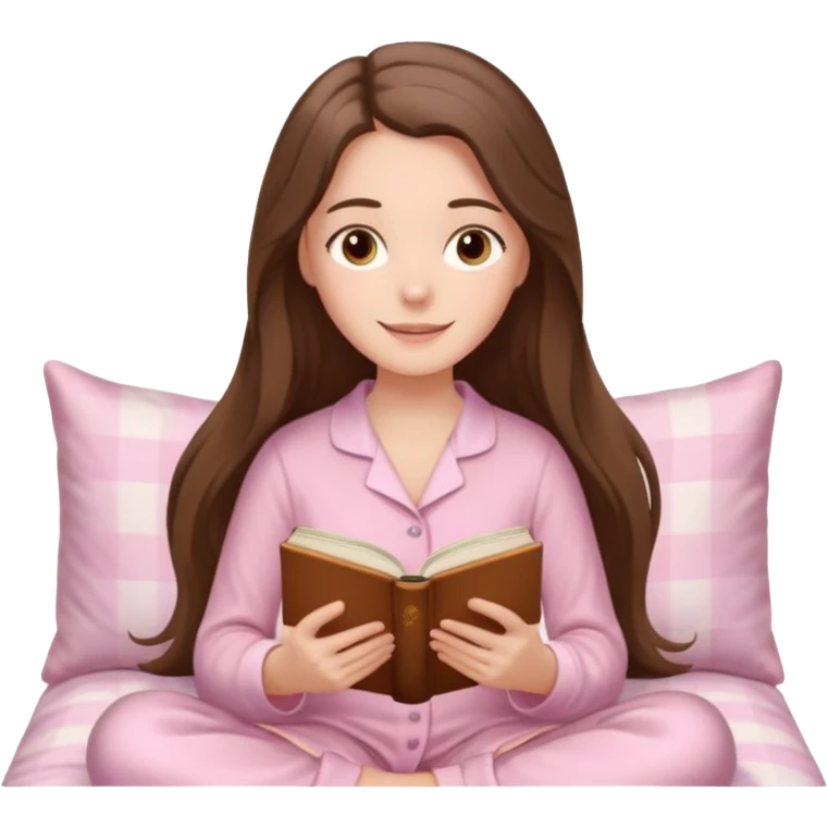  happy white long brunette hair girl with hazel eyes in light pink pajamas reading Pride and Prejudice emoji