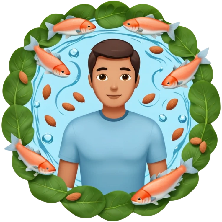 Relaxed floating man surrounded by circling foods: pieces of salmon, dark chocolate, almonds, and spinach leaves. These omega-3 and magnesium-rich foods glow softly as they orbit around him, creating a peaceful, weightless atmosphere. emoji