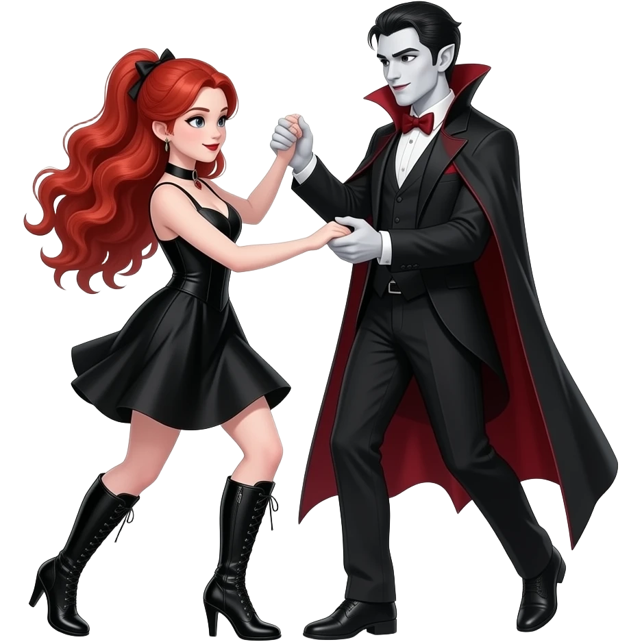 Vampiro femmina adolescente con pelle bianca e capelli rosso ondulati lunghi raccolti in una mezza coda che indossa un vestito  nero e stivali lunghi con tacco neri che sta ballando un lento con il suo ragazzo VAMPIRO emoji