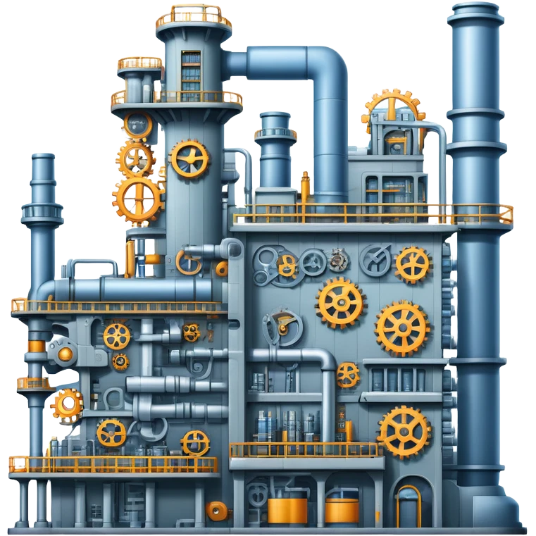 An icon featuring a giant factory with industrial machines and assembly lines, symbolizing mechanical engineering. The design includes gears, robotic arms, and blueprints, representing the creation of machinery and complex systems. Transparent background highlights innovation in manufacturing emoji