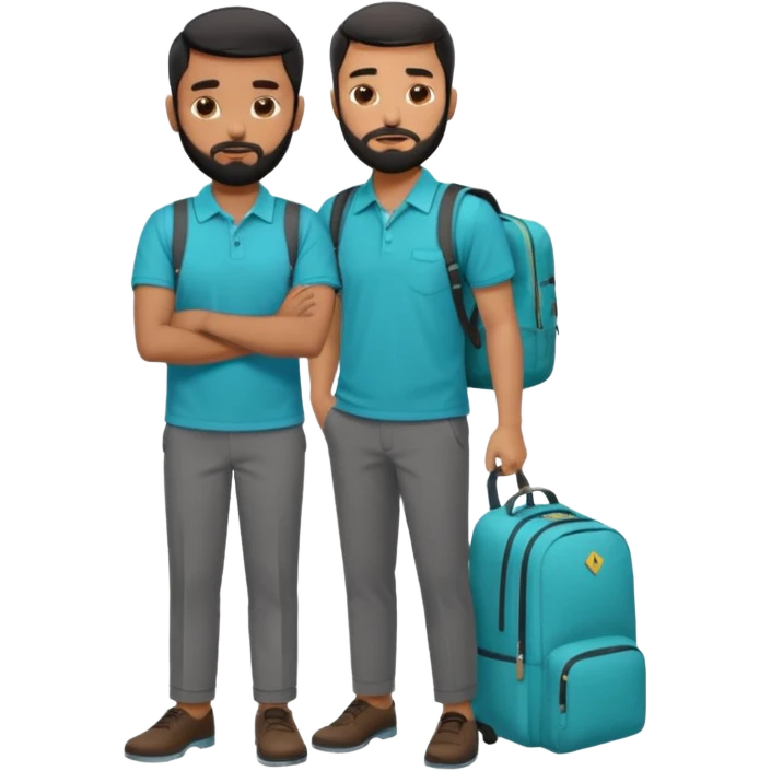 man with black short male hair and black hair and beard and hes in a office with his grey backpack on the floor and he has a tourquose polo shrit with gre dress pants and hes working at a hotel emoji