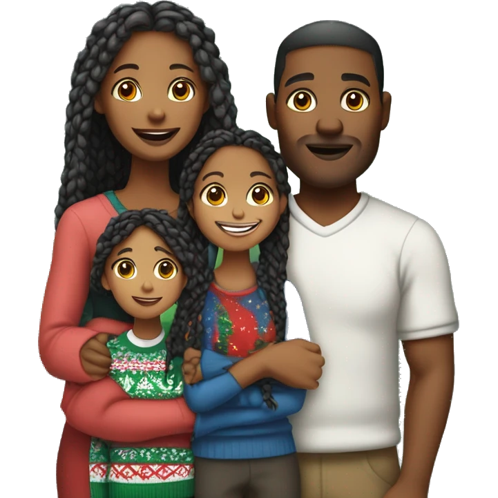 Black family of four members with Dad, Mom, Son, and Daughter. The Son and Daughter are teenagers. The Mom has braids. The Dad is light skinned.All family members are wearing Christmas sweaters and Santa hats.  emoji