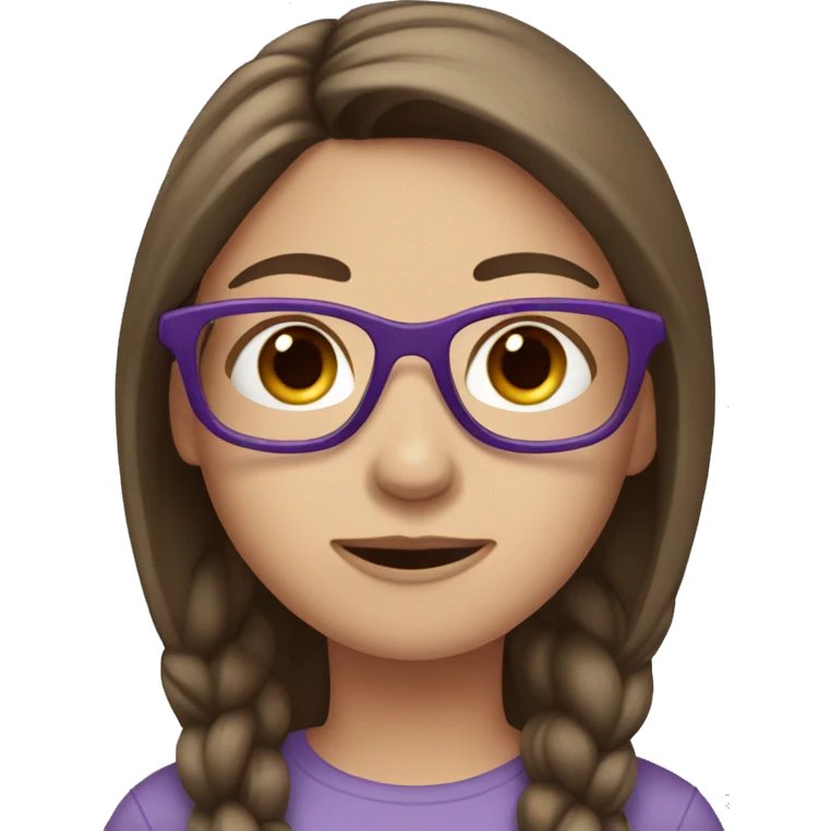 Girl with straight brown hair, blue eyes, purple glasses emoji