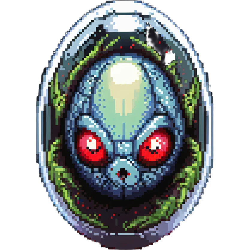 a strange large transparent alien egg, floating inside with a visible creature inside, embryo, embryonic, fetal shape, primordial, 3 glowing red eyes, illuminated from above emoji