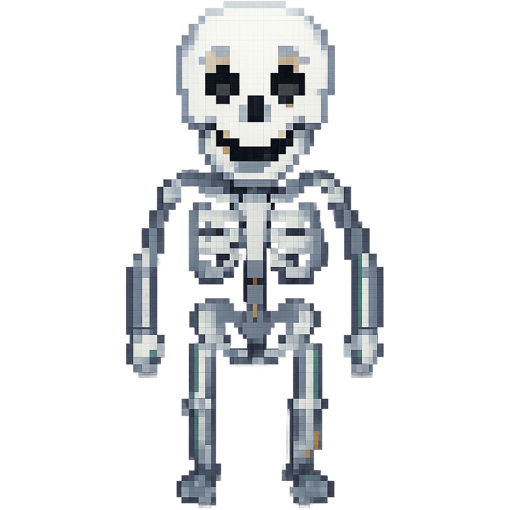 A surprised skeleton in pixel art style, version 3, with a happy expression. emoji