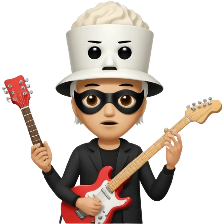 guitarist wearing a white bucket on his head, with two eye holes, a blank expression, and a small theatrical mask on the bucket. He’s holding an electric guitar, dressed in a simple black outfit, giving off a mysterious but playful rock legend vibe, kfc bucket on his head emoji