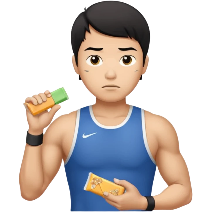 A asian male athlete holding a protein bar and frowning deeply emoji