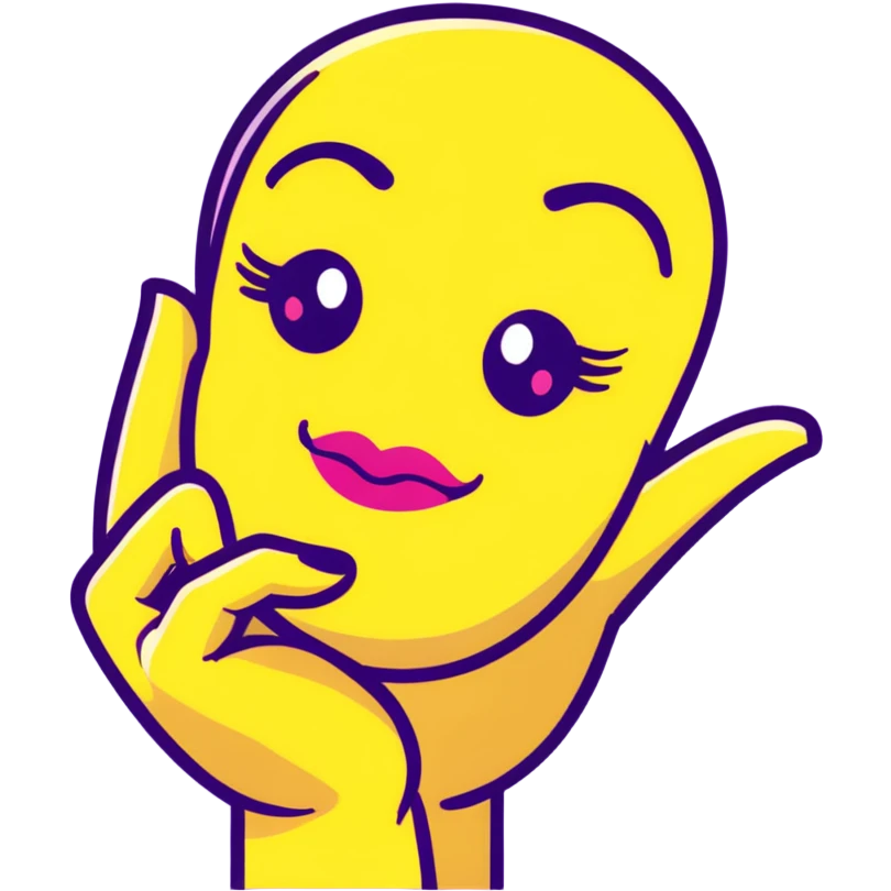 Classic yellow emoji face with closed eyes that form upward curved lines, eyelashes, pursed lips with lipstick, and a hand gesture with only the thumb out while other fingers are closed, all nails painted emoji