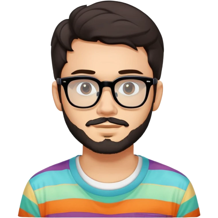 young adult man with light skin, short beard, dark wavy hair, relaxed expression, very wide rectangular glasses with thick black acetate frame and thick double bridge, retro oversized style, colorful open shirt and white t-shirt emoji