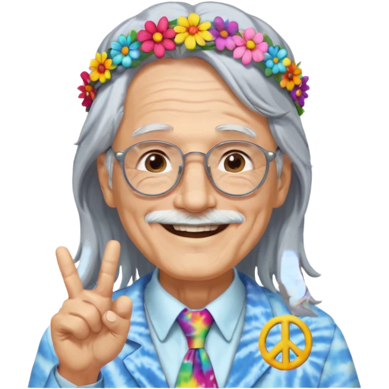 elderly man with long grey hair, glasses, peace sign necklace, tie-dye clothing, flower crown emoji