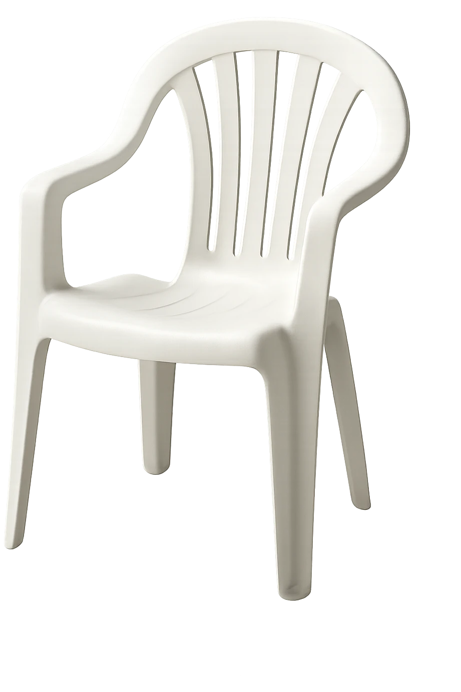 classic molded plastic lawn chair with an arched top roll and five vertical back slats, simple and iconic, white plastic, isolated, clear details emoji