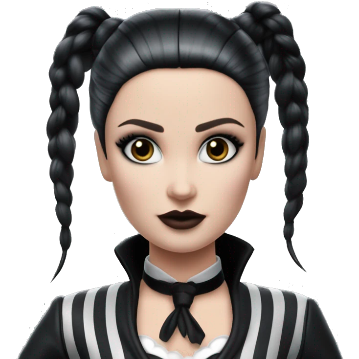 Jeffery New York Lingerie Barbie Wednesday Addams from academy in vertically striped gray and black outfit. riding hot rod bikes with crows emoji