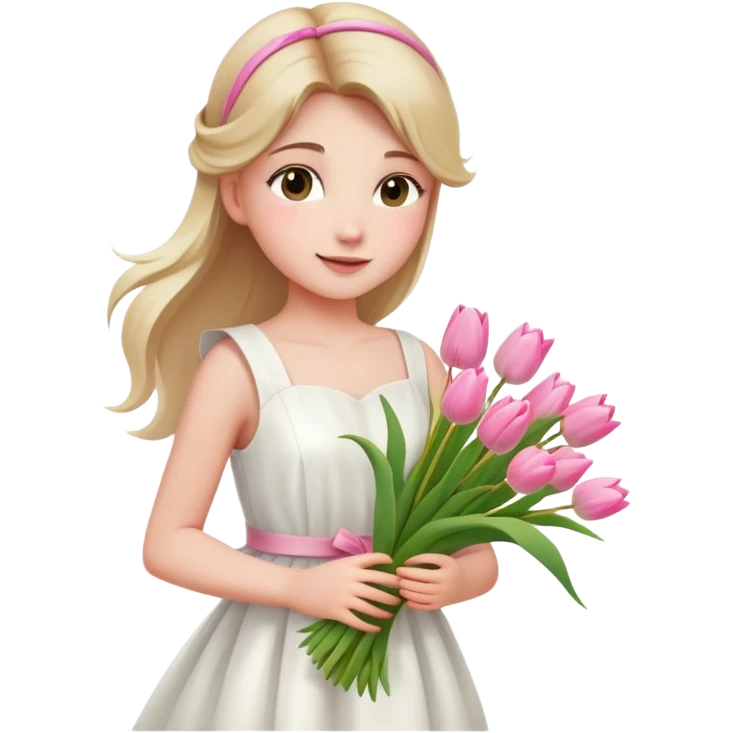  A girl with a half-up half-down hairstyle, and a white dress, enjoying the spring breeze.Holding a bundle of pink tulips emoji