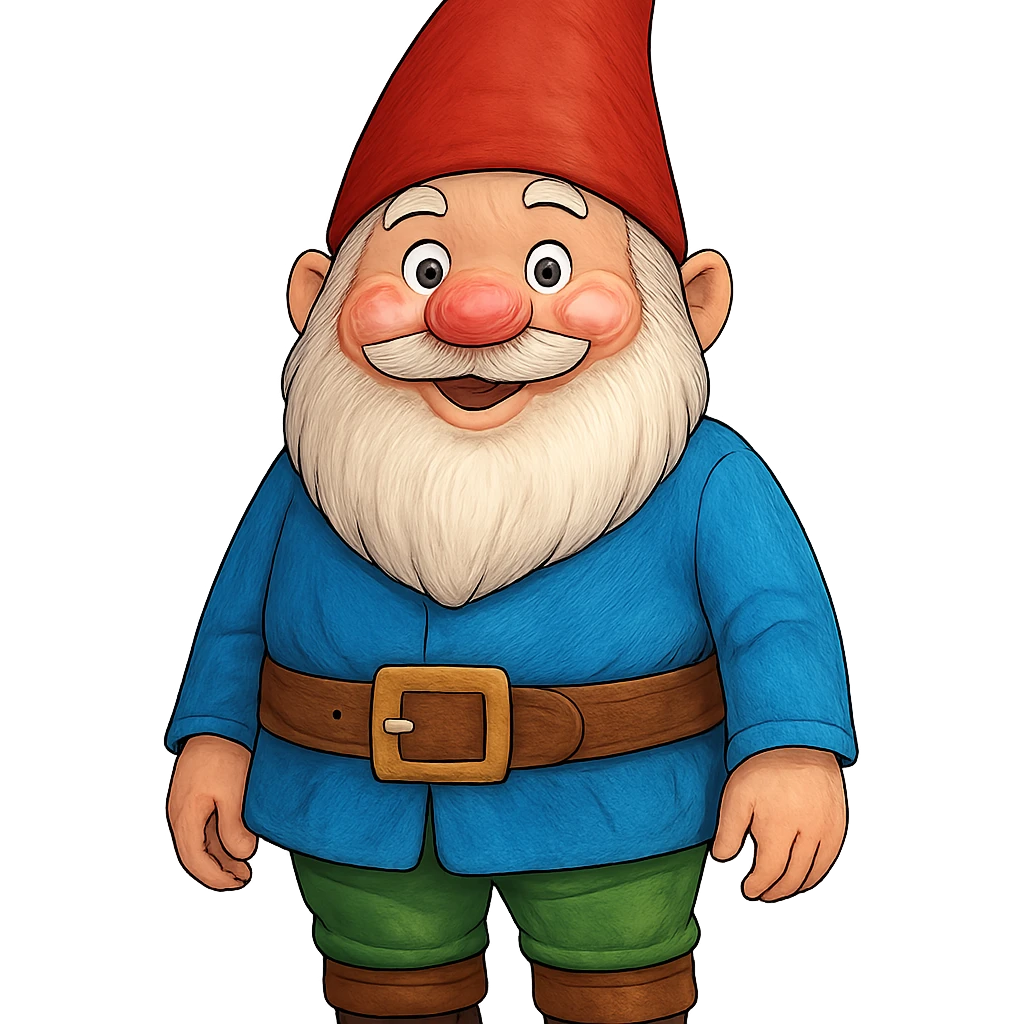 A large gnome in a colorful outfit, standing tall with a cheerful expression emoji