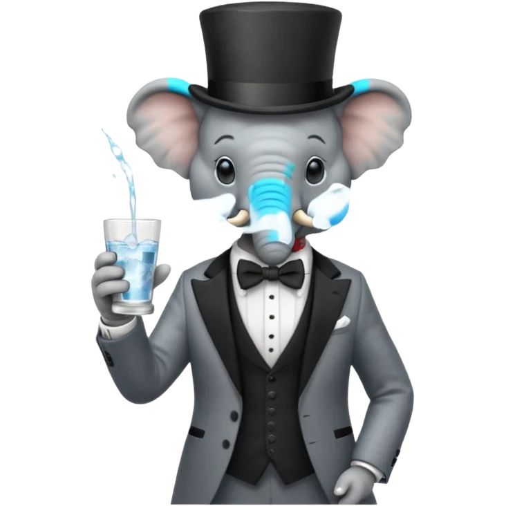 elephant wearing suit, bowtie and top hat, holding glass of water emoji