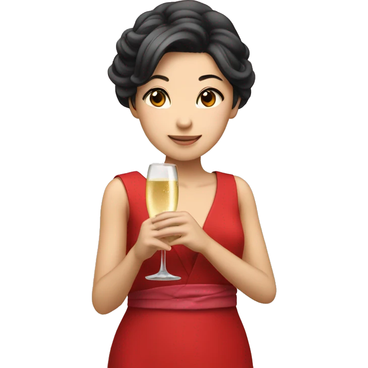 Japanese girl holding a champagne glass in red dress  emoji