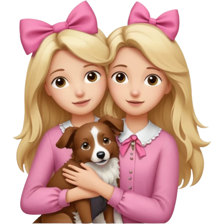 Menina loira fofa de cabelo comprido usando uma blusa rosa e um laço no cabelo abraçando um border collie marrom  emoji