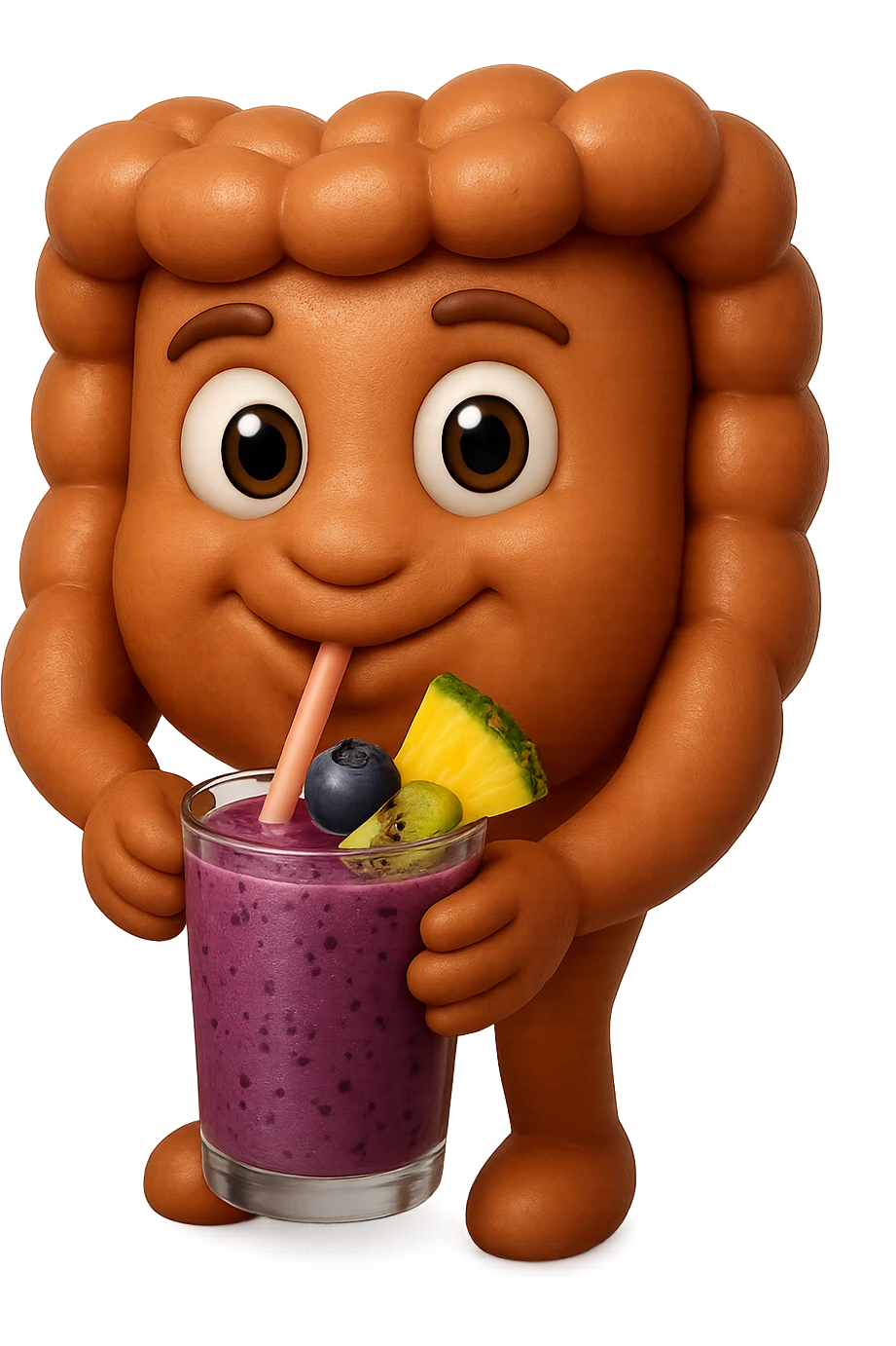 EMOJI STILE IPHONE DI un intestino umano anatomico che beve un frullato di mirtilli, ananas, kiwi, fagli anche la parte bianca degli occhi, non solo le pupille, REALISTICo 4K emoji