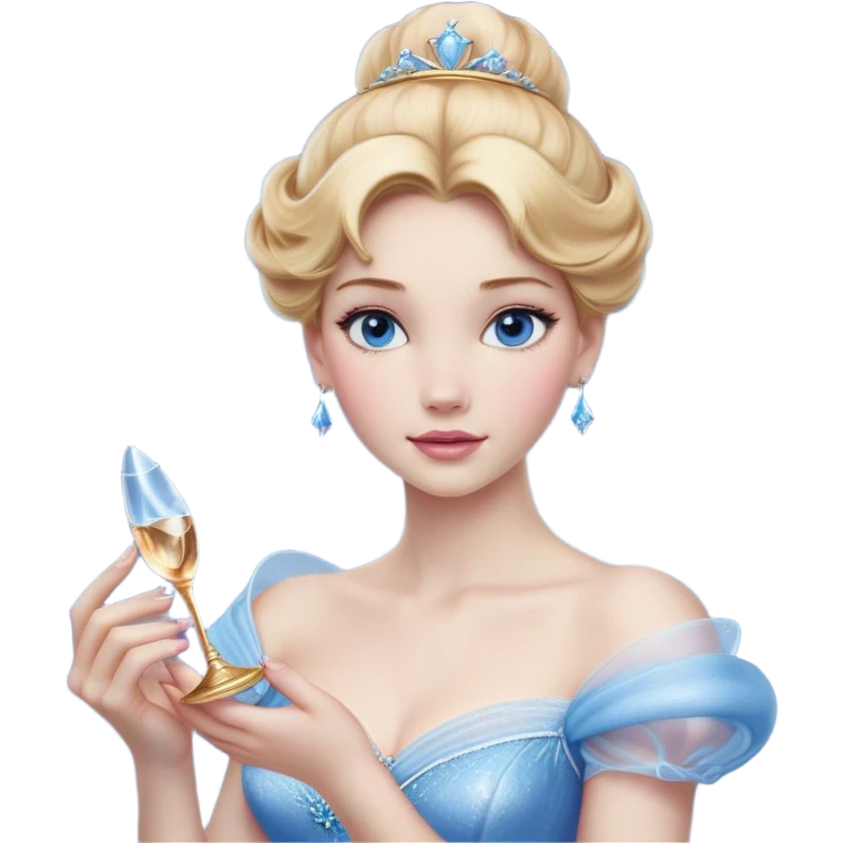 Cinematic Realistic Cinderella Portrait, depicted with lifelike skin texture, subtle rosy undertones, and soft natural lighting that enhances the gentle contours of her face. Her intricately detailed golden blonde hair is elegantly styled in an updo, with delicate wisps framing her face. Her deep, expressive blue eyes radiate warmth and sincerity, reflecting a quiet resilience and grace. She holds a glass slipper gently in one hand, her other hand resting gracefully at her side, emphasizing the timeless beauty of the moment. She is dressed in her iconic ball gown, the fabric shimmering with intricate embroidery and fine translucent layers that catch the light beautifully. The soft sheen of satin gloves adds a magical touch to her graceful pose. The portrait features an enchanting glow with a natural, luminous finish, seamlessly blending realism and fairytale charm to evoke a sense of depth, elegance, and timeless beauty. emoji