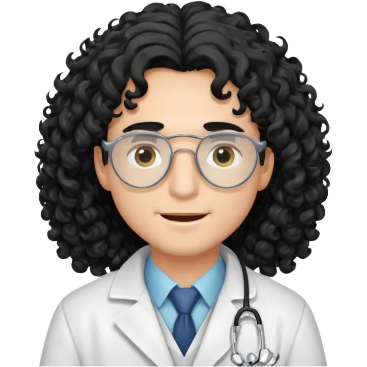 a young male doctor with black long curly hair cover his eyes a little bit and cheerful face emoji