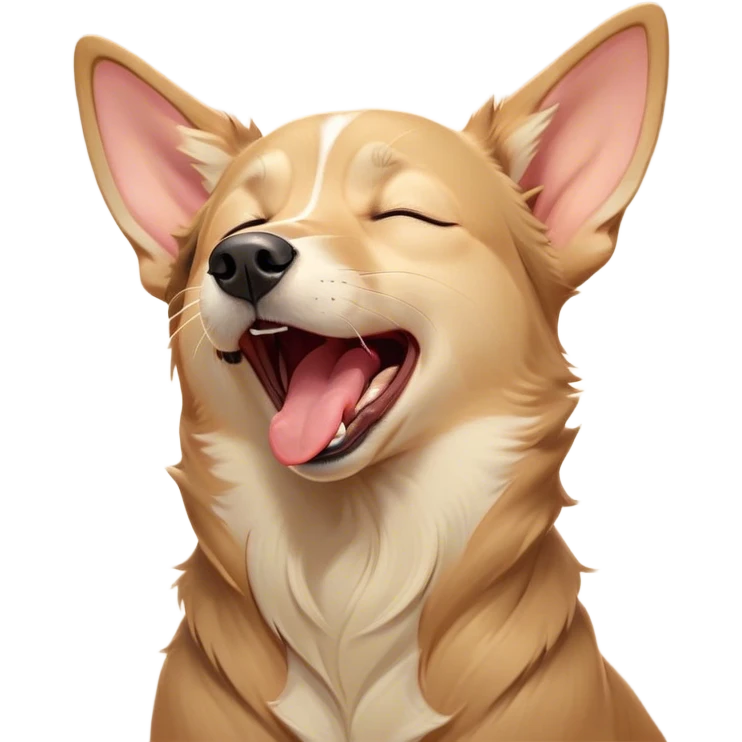 Cinematic Cute Yawning Domestic Dog Portrait Emoji, Head tilted slightly with a dramatic, wide-open yawn, showcasing a plush, inviting coat with gently drooping ears and half-closed, drowsy eyes, Simplified yet irresistibly adorable features, highly detailed, glowing with a soft, cozy glow, high shine, relaxed yet expressive, stylized with a dash of playful whimsy, soft glowing outline, capturing the essence of a sleepy yet affectionate dog that seems ready to stretch out for a nap! emoji