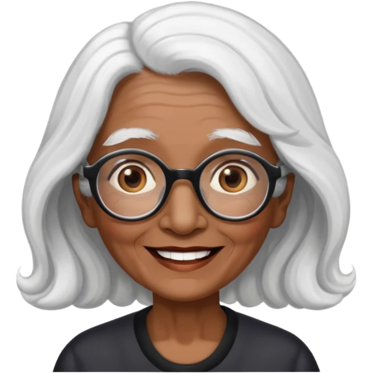old lady long face with soft waves white hair, dark brown skin, and large brown eyes, wearing black-rimmed glasses, with a friendly smile emoji
