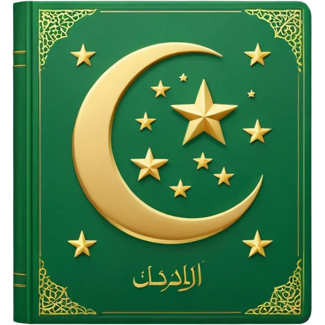 Closed Quran with the Islamic Symbol on it (moon and star) green from left to right emoji
