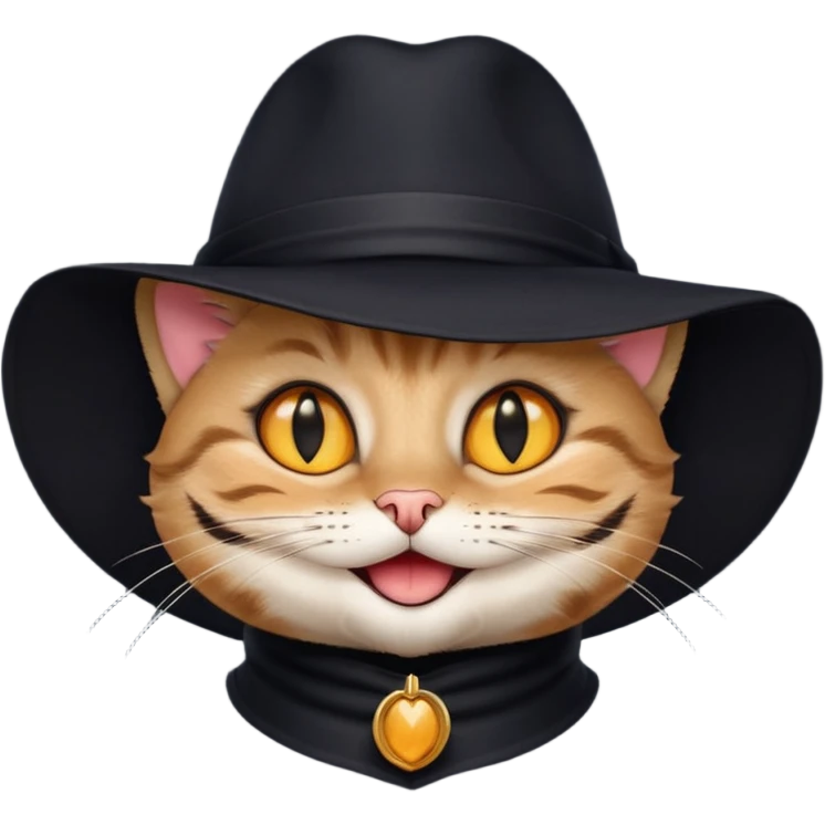 chat de couleur noir portant un chapeau avec un grand sourire emoji
