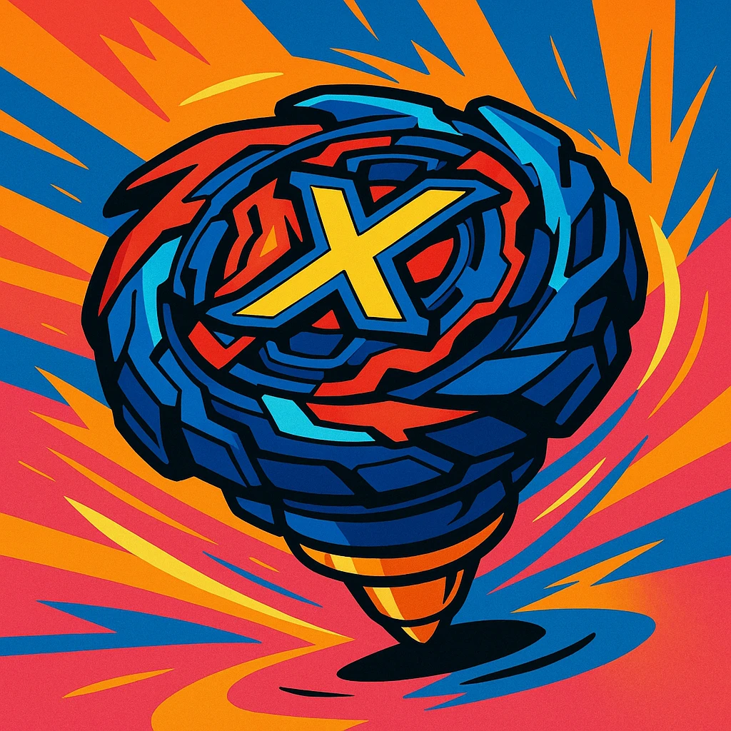 Beyblade X spinning top, dynamic, vibrant colors, energetic, toy design emoji