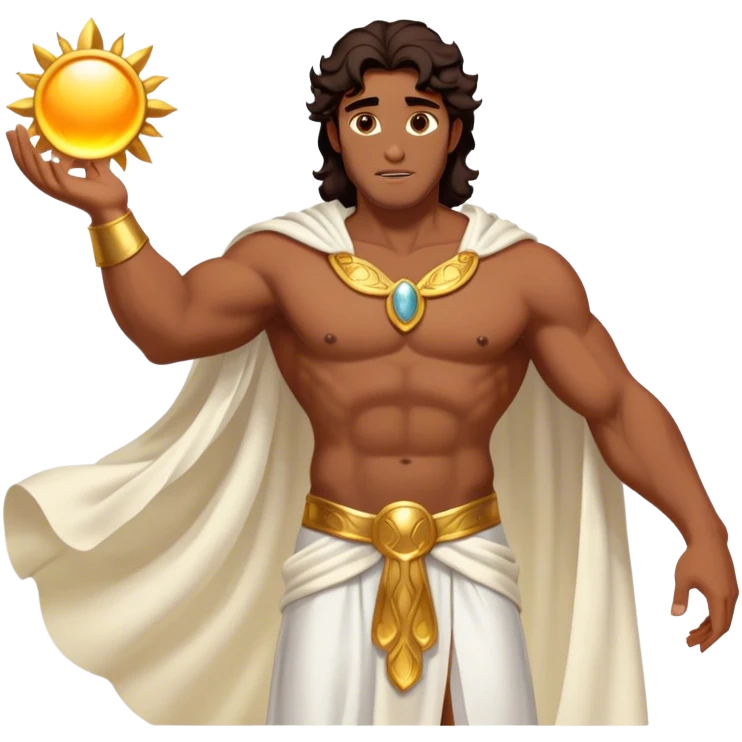 Cinematic Realistic Hercules Portrait, depicted as a classical Greek hero inspired by the Disney version yet echoing the refined proportions and serene dignity of Michelangelo's David. His idealized, sun-kissed bronze skin glows with timeless strength, and his thick, wavy dark hair falls in natural, sculpted curls. Draped in a flowing white robe with delicate golden accents, his expressive eyes radiate determined nobility, all rendered under dynamic natural lighting with a mythic, radiant glow. emoji