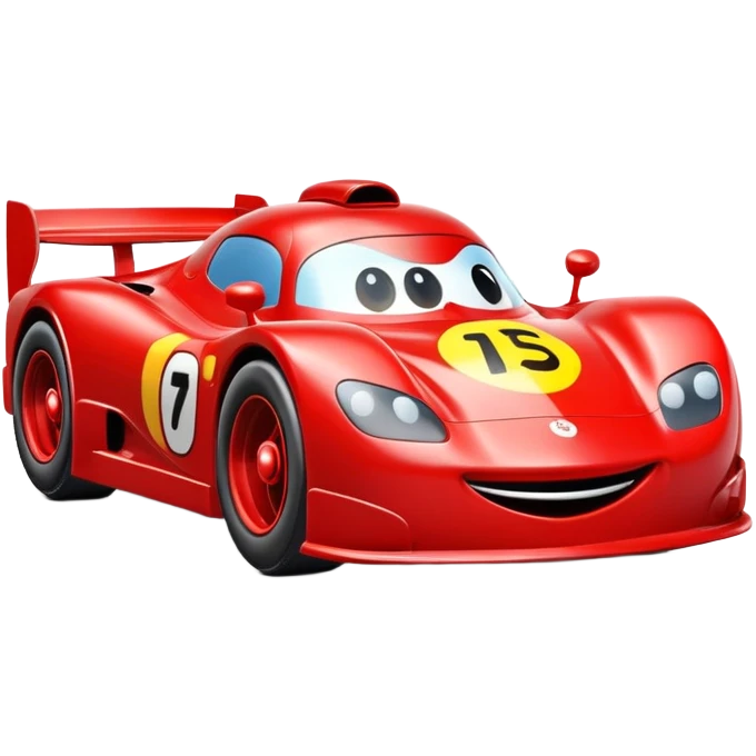 A red toy race car with a happy smiling face on the front emoji