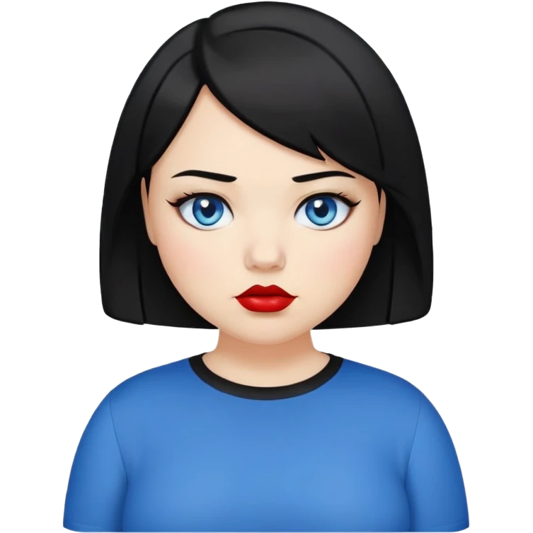 plus size teenage girl with a black bob haircut, side parted, blue eyes, black eyeshadow, red lipstick, wearing a black shirt, emoji style, neutral expression emoji