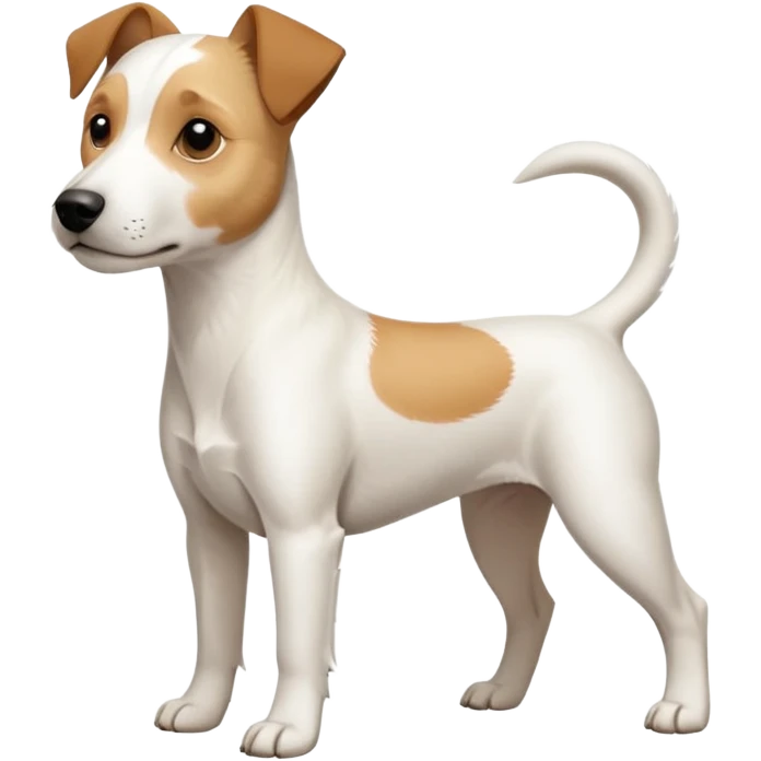 a full body facing front on of a buff white parson russell terrier looking dog the size of a kelpie with light brown long ears resting on its face and a light brown patch above one eye and a large snout. the rest of the dog is completely white.  emoji