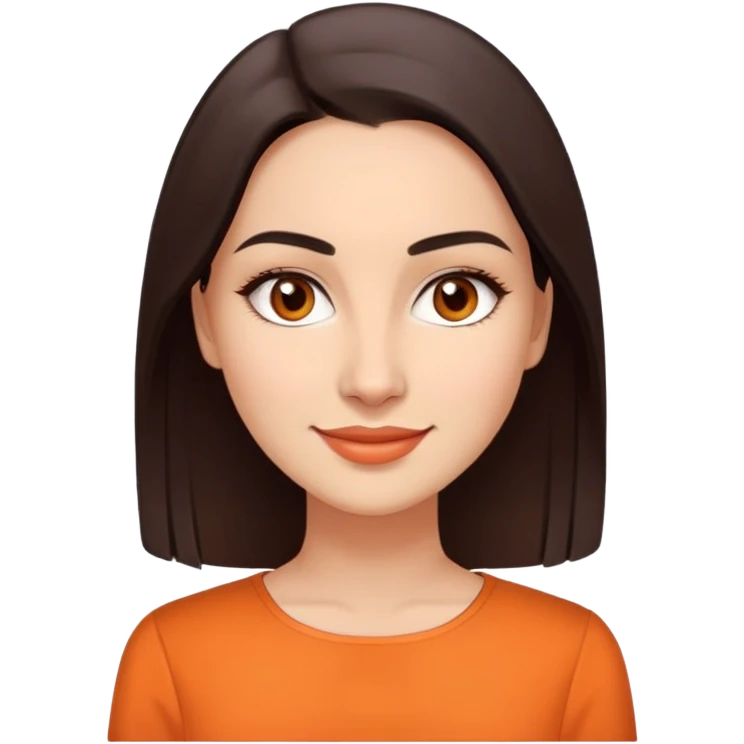 Young woman in her 30s with light skin, oval face, soft features, large dark brown eyes, medium eyebrows, small nose, friendly smile, long straight dark brown hair, wearing an orange elegant blouse emoji