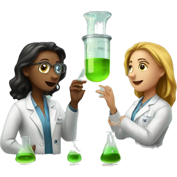 scientists discussing by the window two girls with one clear beaker emoji
