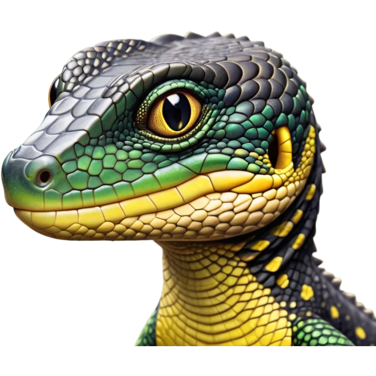 cinematic-realistic-cute-monitor-lizard-portrait-emoji,-head-tilted-playfully-and-inquisitively,-featuring-a-compact,-agile-body-with-finely-detailed,-glossy-scales-in-earthy-black and yellow-hues-and-a-distinct,-alert-face-with-bright,-curious-eyes, black , yellow spotted and green band  scales and a slender neck emoji