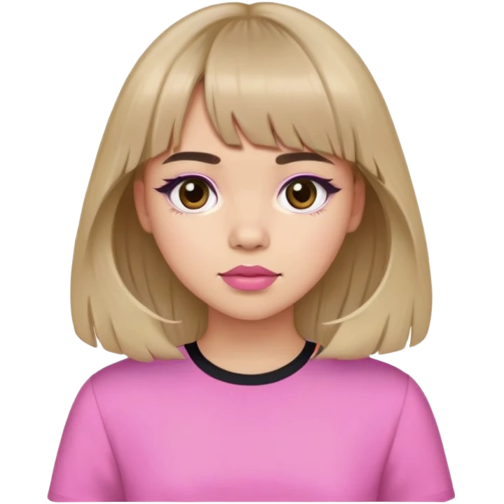 lght skintone girl, curtain bang and middle bangs, medium to long hair, brown to black eyes, pink lips, using pink shirts emoji