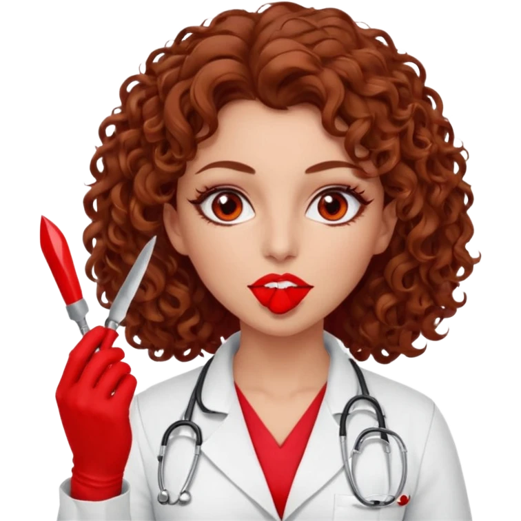 Lilith scalpel in hand, evil surgeon sexy surgeon clothes.  She has red eyes.  Hair is long. Hair is brown and curly hair. Wears sexy doctor outfit with red gloves. Covers mouth neck and nose with red litham for Muslim woman emoji