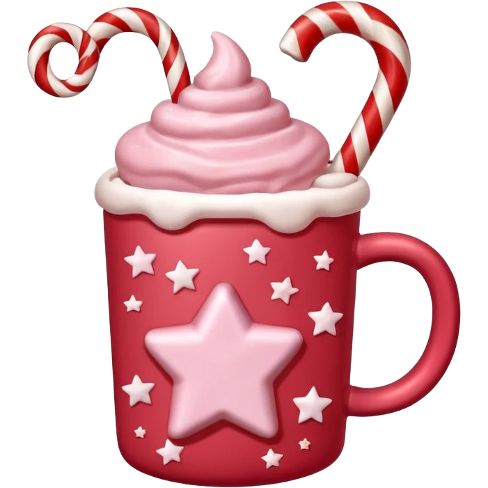 hot chocolate in red and pink pastel christmas mug with stars and candy cane, trendy aesthetic emoji
