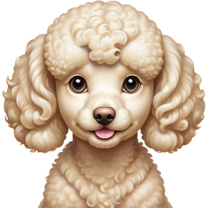 Cinematic Cute Cream Poodle Portrait Emoji, Head tilted playfully and inquisitively, showcasing a bouncy, curly cream Fur with a luminous sheen, round, sparkling warm eyes filled with curiosity, Simplified yet irresistibly adorable features, highly detailed, glowing with a warm, friendly glow, high shine, affectionate and lively, stylized with a touch of whimsy, bright and endearing, soft glowing outline, capturing the essence of a mischievous yet loving companion, so playful it feels like it could bounce out of the screen and into your arms! emoji