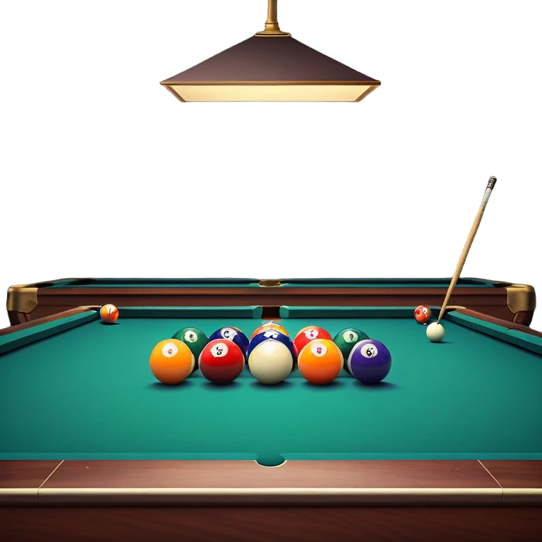 A billiard table with colorful balls arranged in a triangle, and a cue stick poised to break. The scene is set in a dimly lit room, with focused lighting highlighting the balls and table, emphasizing skill, precision, and strategy in the game of pool. emoji