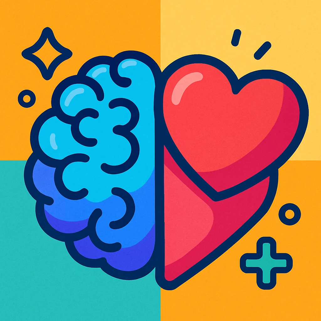colorful illustration style, symbol of brain with heart, feeling of well-being, mental health emoji