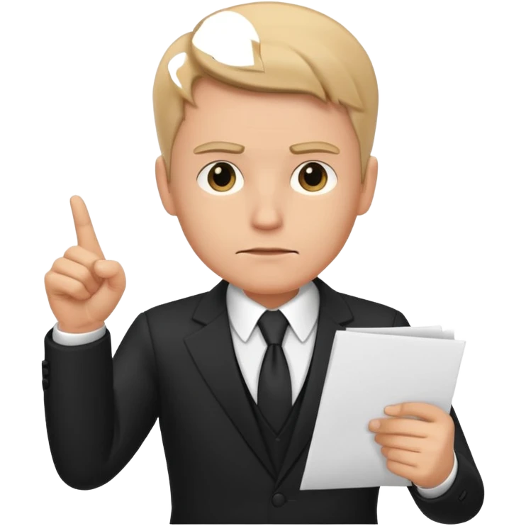 A white man in a black suit stands with a serious face and points at his hand holding papers. emoji