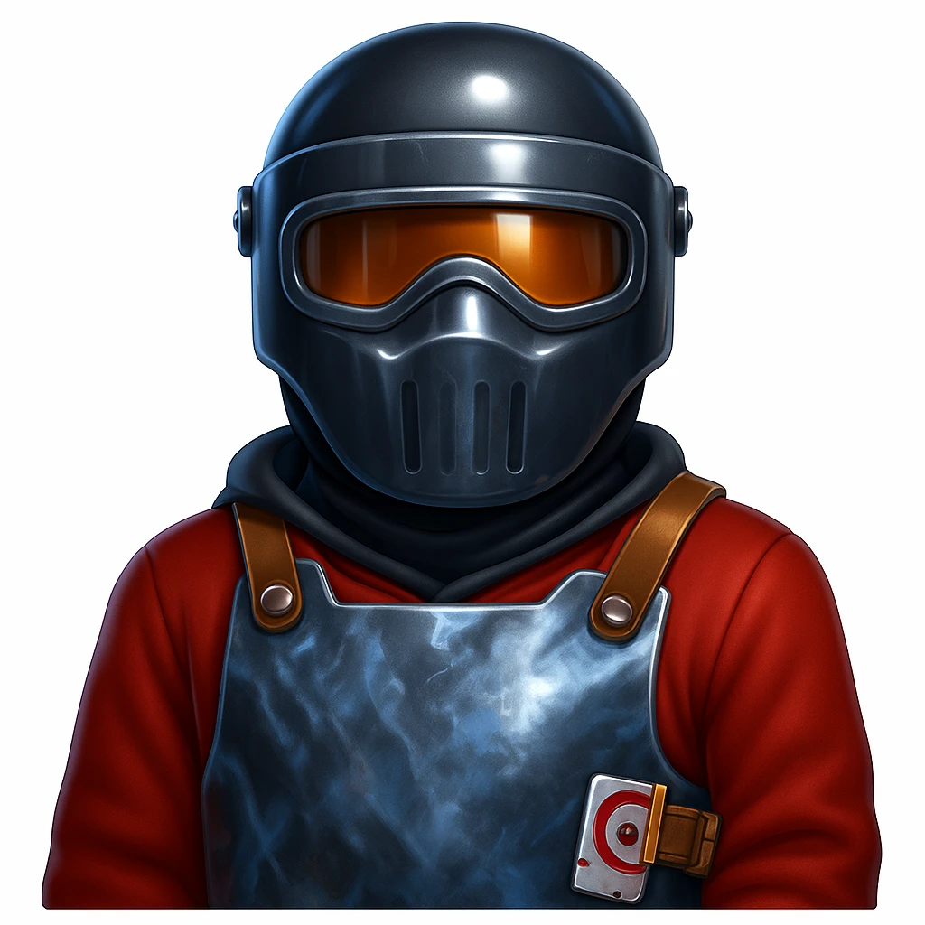 Create an Apple-style emoji, chest up, of a Rust video game character wearing a metal face mask helmet, red jacket, metal chest plate, and gloves, with a Y2K glossy and metallic vibe. Match the reference image's gear and colors closely. The style should emulate the Apple emoji style with a glossy and metallic finish. emoji