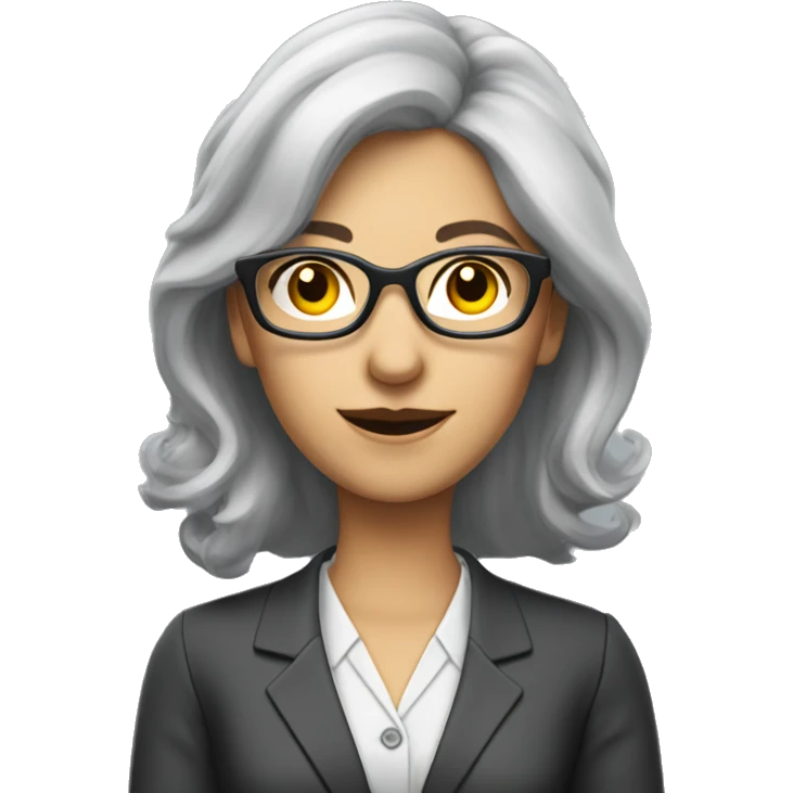 lady accountant with glasses and grey shoulder length hair with calculator emoji