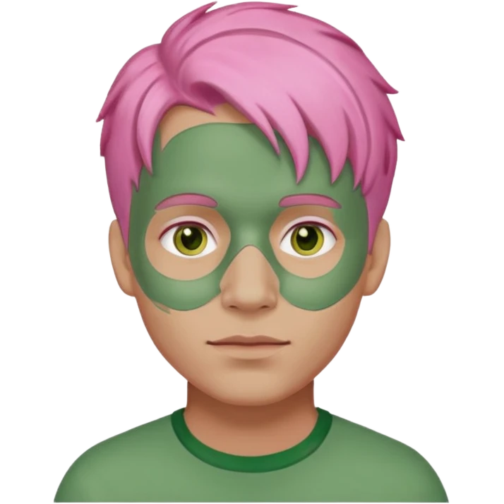pink haired man with full full face green clay mask emoji