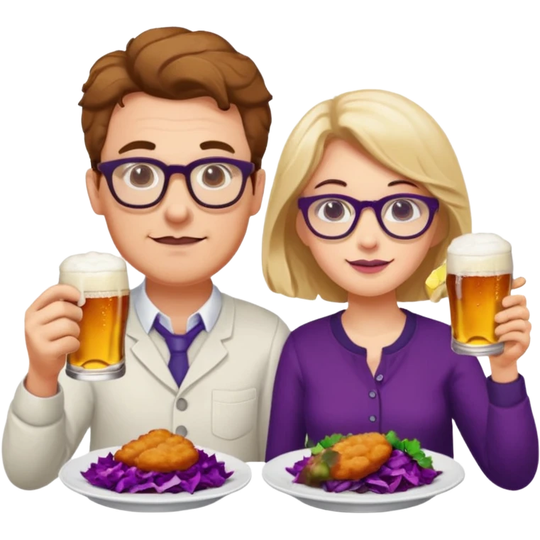 German man with glasses and woman with glasses eating schnitzel, red cabbage, potatoes, and drinking a beer emoji